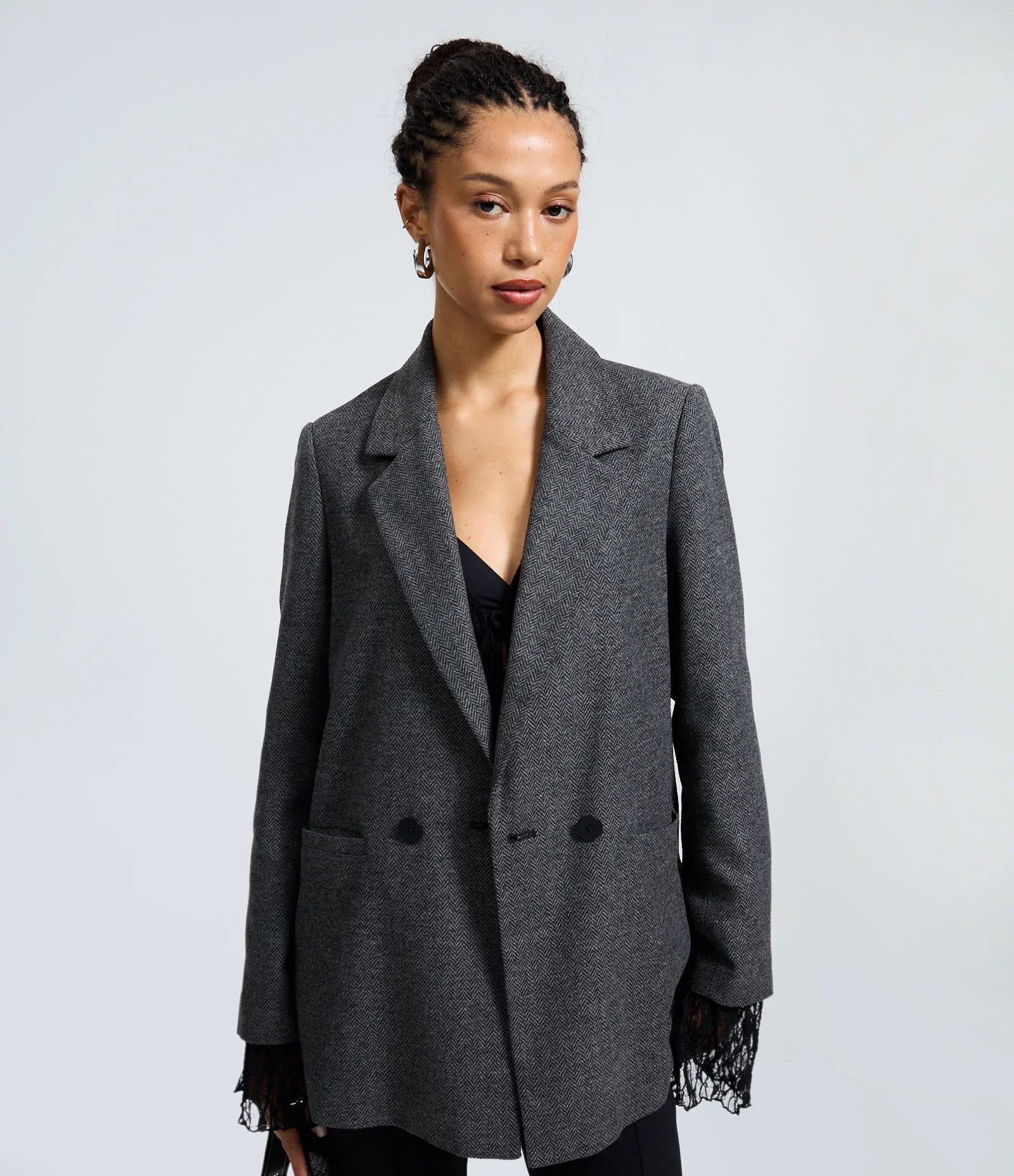 Blazer Alongado em Polivelour Xadrez com Botões Cinza 1