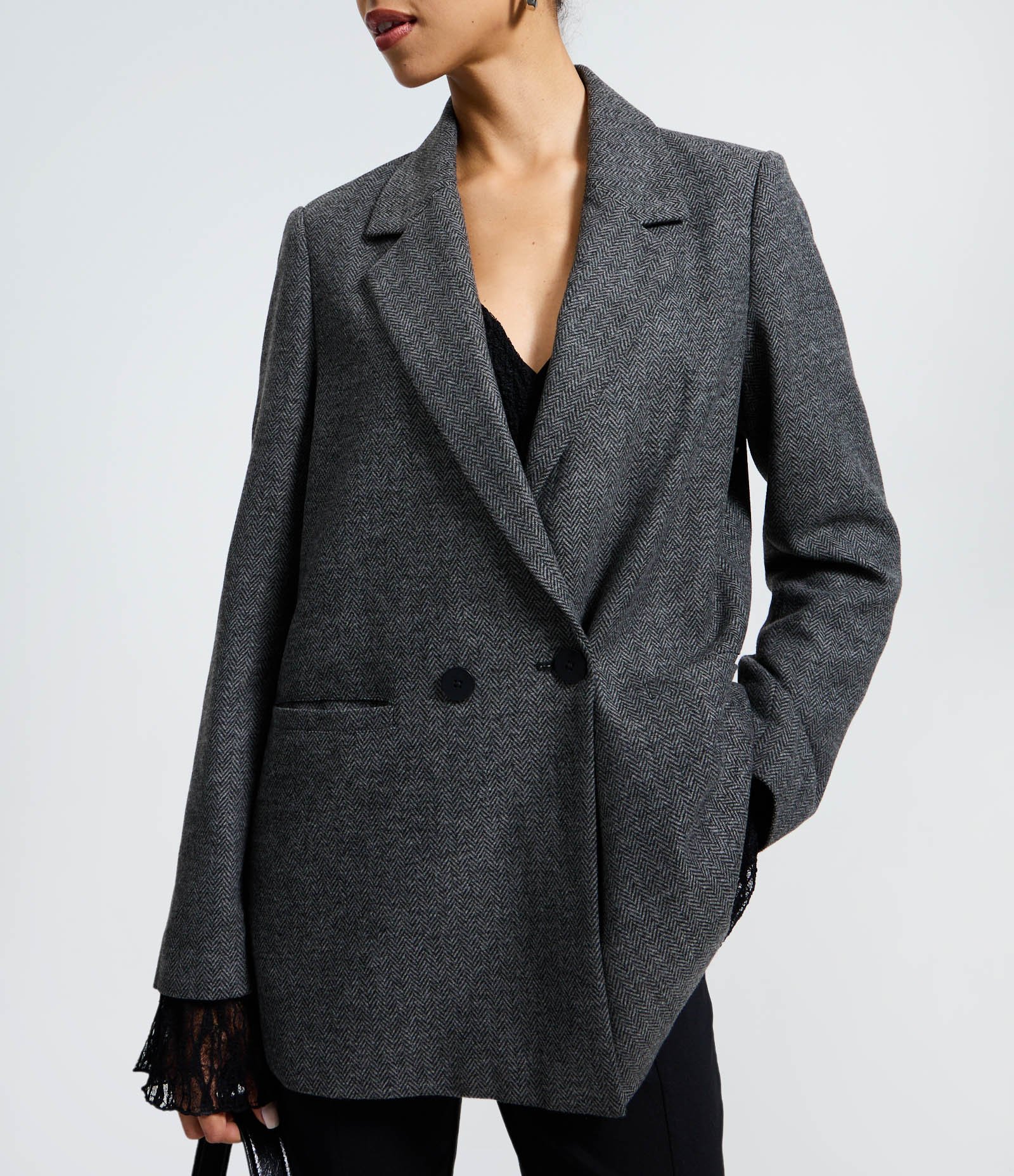 Blazer Alongado em Polivelour Xadrez com Botões Cinza 3