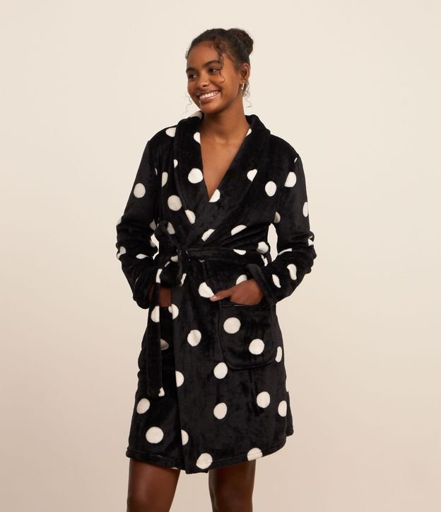 Robe em Fleece com Amarração e Estampa Poá