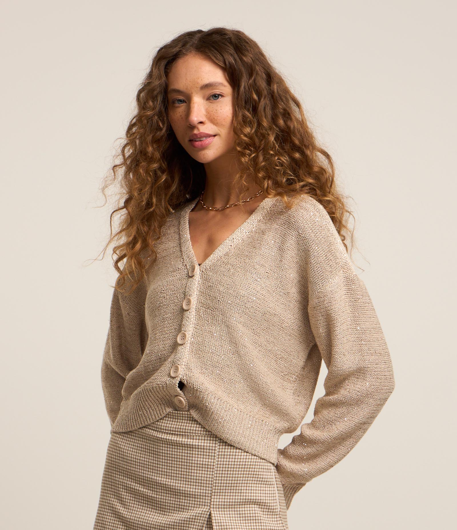 Cardigan em Tricô com Paetês Cinza 1