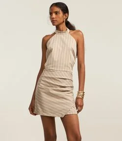 Macaquinho Short Saia em Alfaiataria com Listras e Franzido