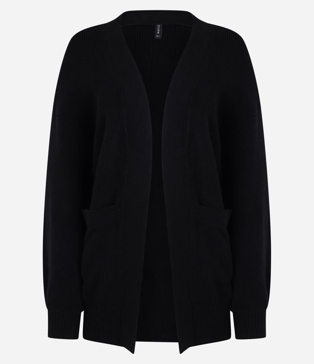 Cardigan Alongado em Tricô com Bolsos e Manga Bufante