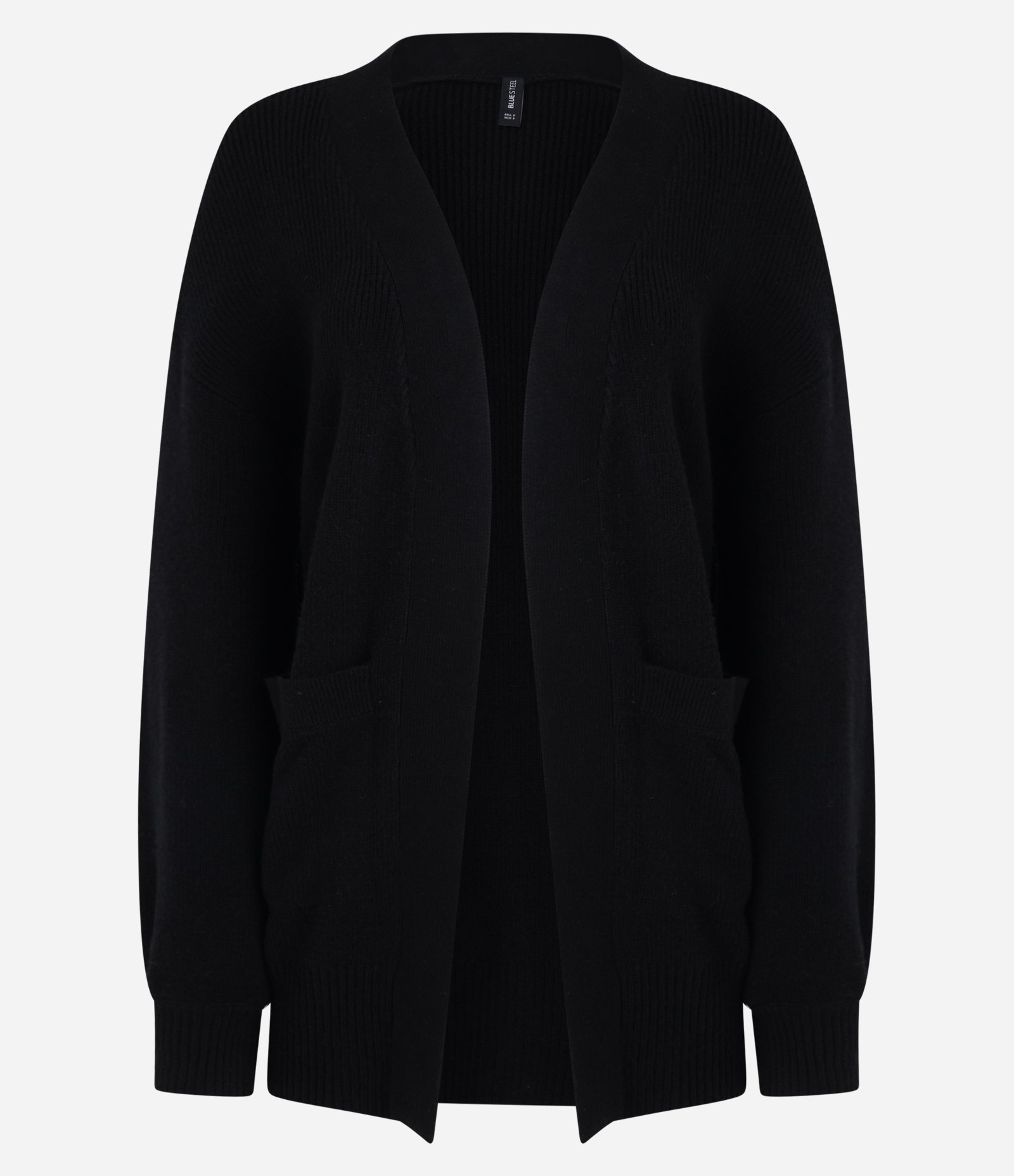 Cardigan Alongado em Tricô com Bolsos e Manga Bufante Preto 1