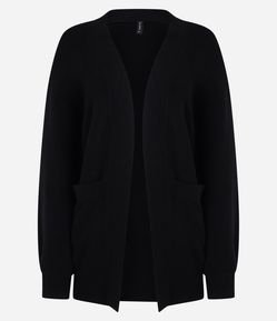 Cardigan Alongado em Tricô com Bolsos e Manga Bufante