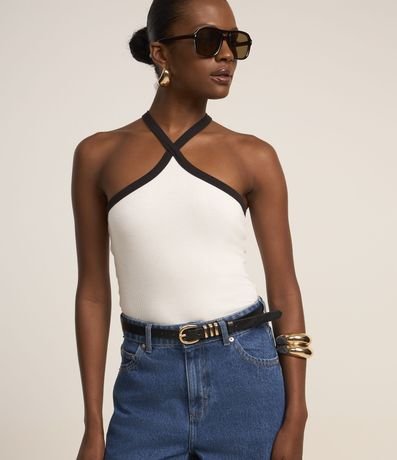 Blusa em Ribana com Alça Cruzada Contrastante Blusa em Ribana com Alça Cruzada Contrastante