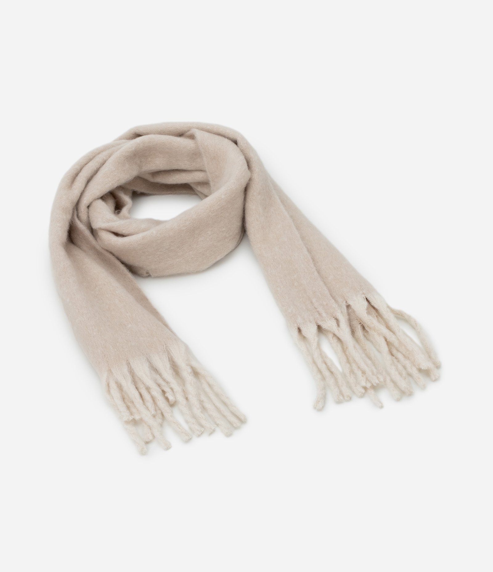 Cachecol em Fleece com Franjas e Textura Felpuda Bege 1