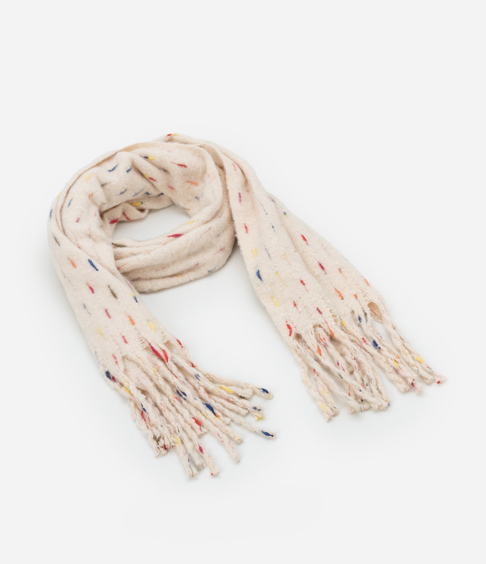 Cachecol em Fleece com Franjas e Listras Contrastantes Bege 2