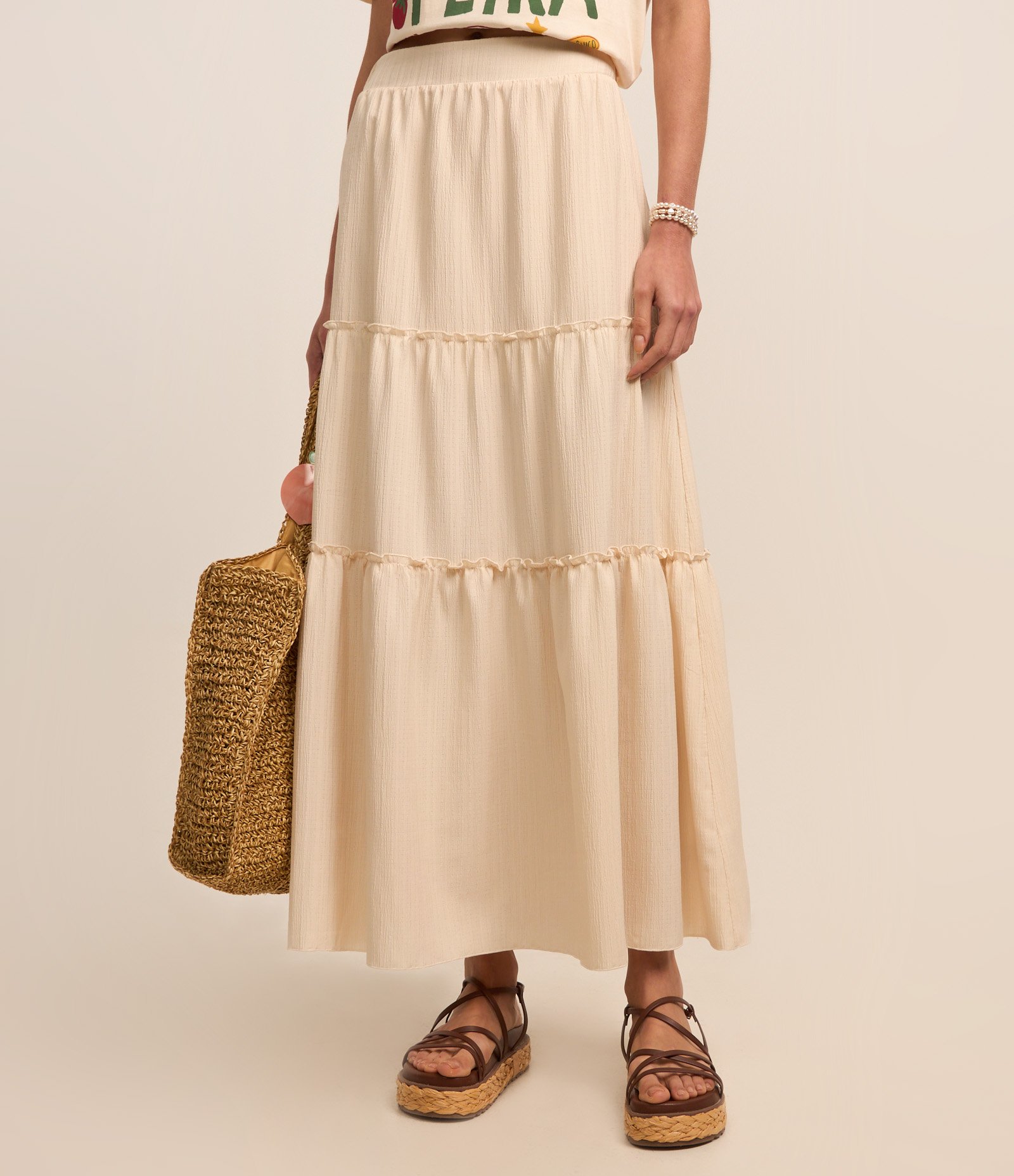 Saia Evasê Texturizada com Babado Bege 3