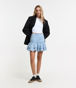 Saia Curta em Jeans Denim com Babado Duplo e Zíper Lateral
