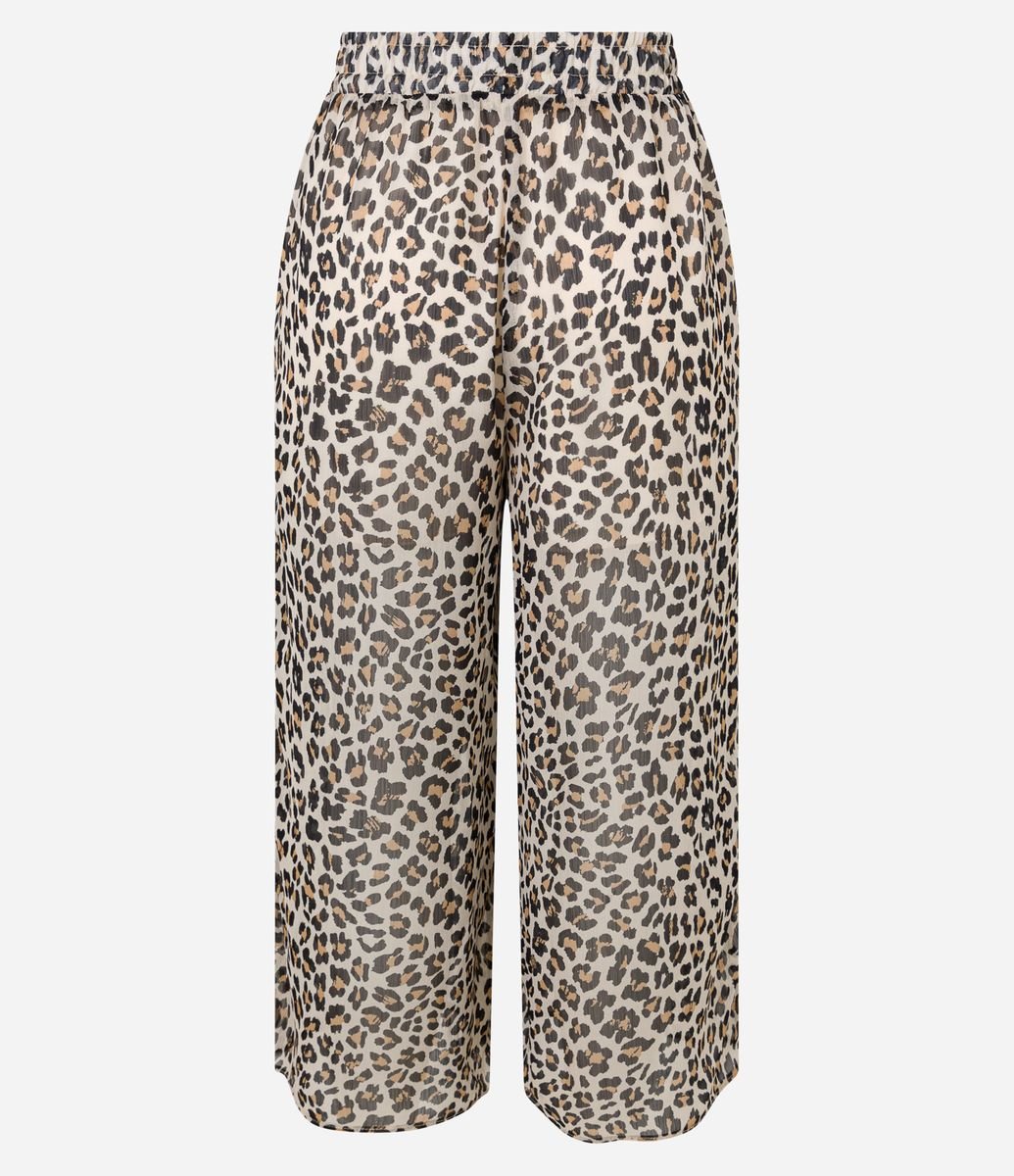 Calça em Chiffon Animal Print e Cós Elástico Marrom