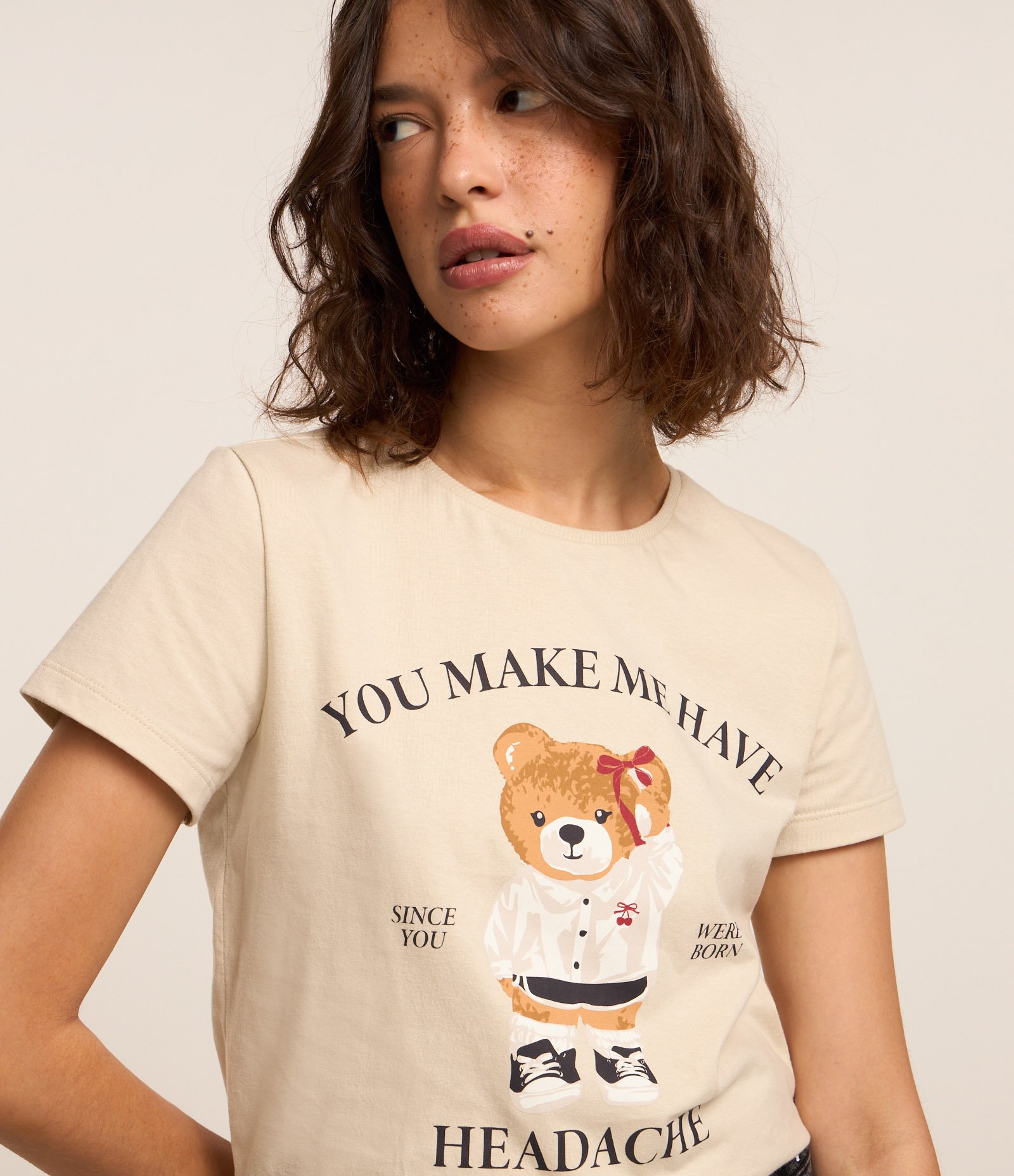 Blusa Baby Look em Algodão com Estampa Ursinho Off White 3