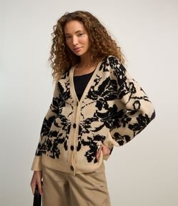 Cardigan Alongado em Tricô Floral
