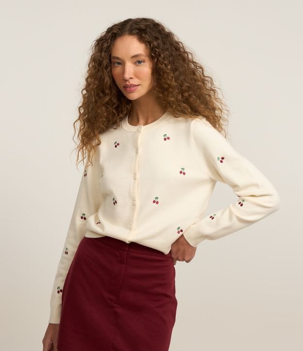 Cardigan Curto em Tricô com Bordado de Cerejinhas