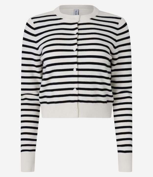 Cardigan Curto em Tricô Listrado e Botões Frontais