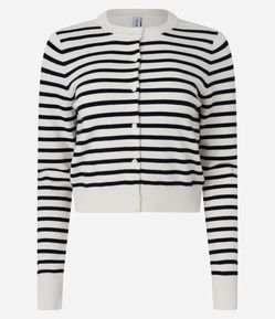 Cardigan Curto em Tricô Listrado e Botões Frontais