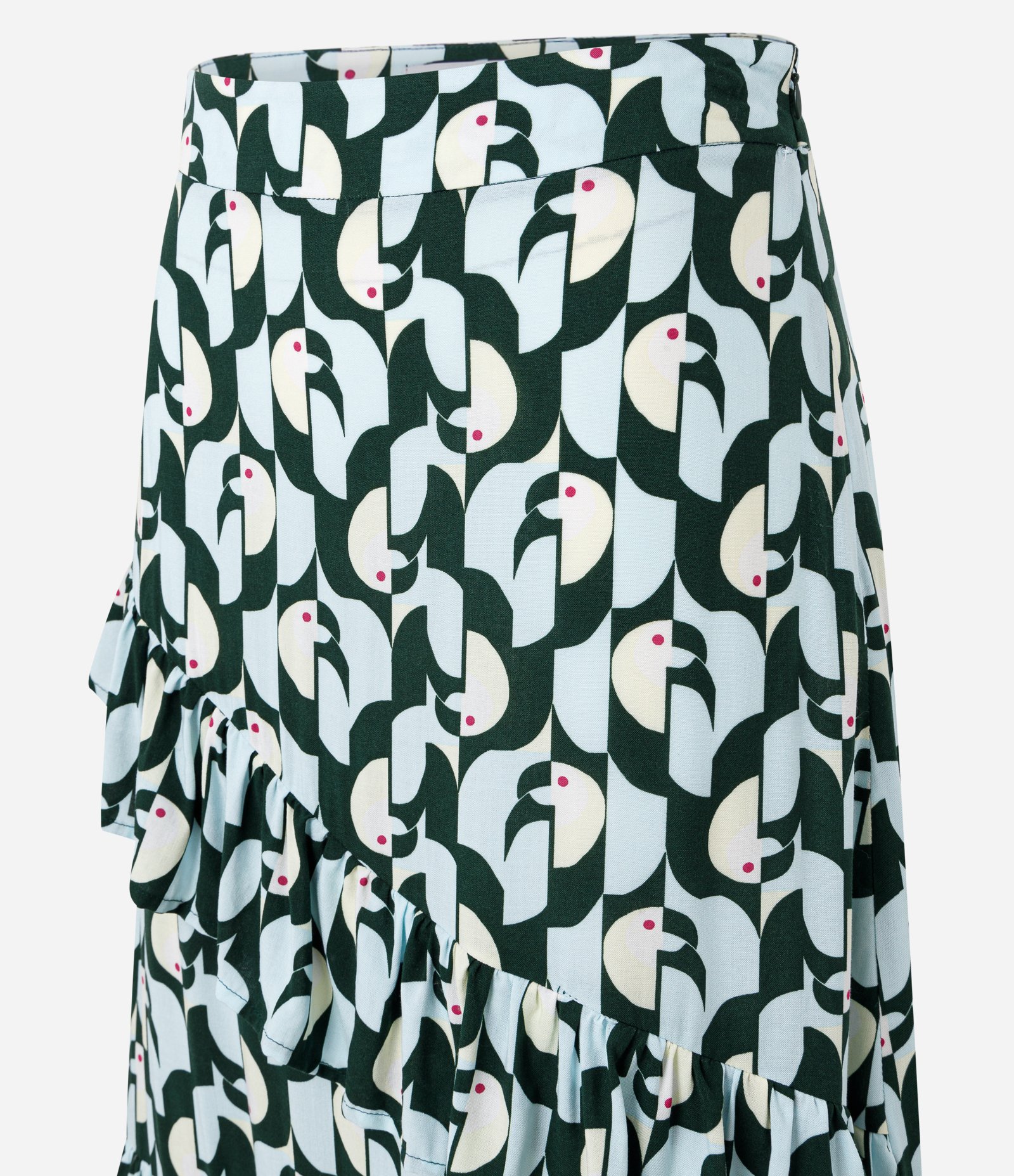 Saia new Midi Crepe com Babados e Estampa Tucanos Preto 7