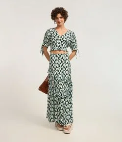 Saia new Midi Crepe com Babados e Estampa Tucanos