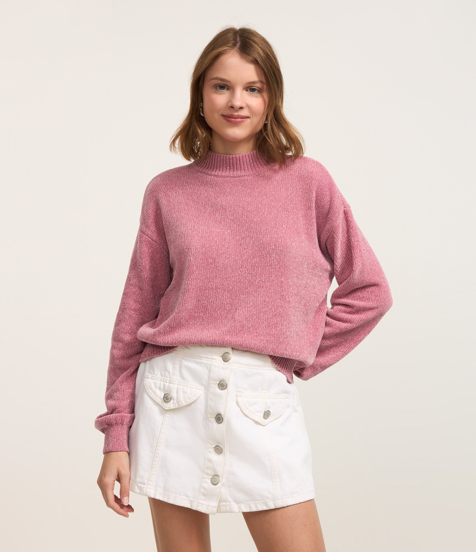 Suéter em Chenille com Golinha Alta e Ribanas Rosa 1