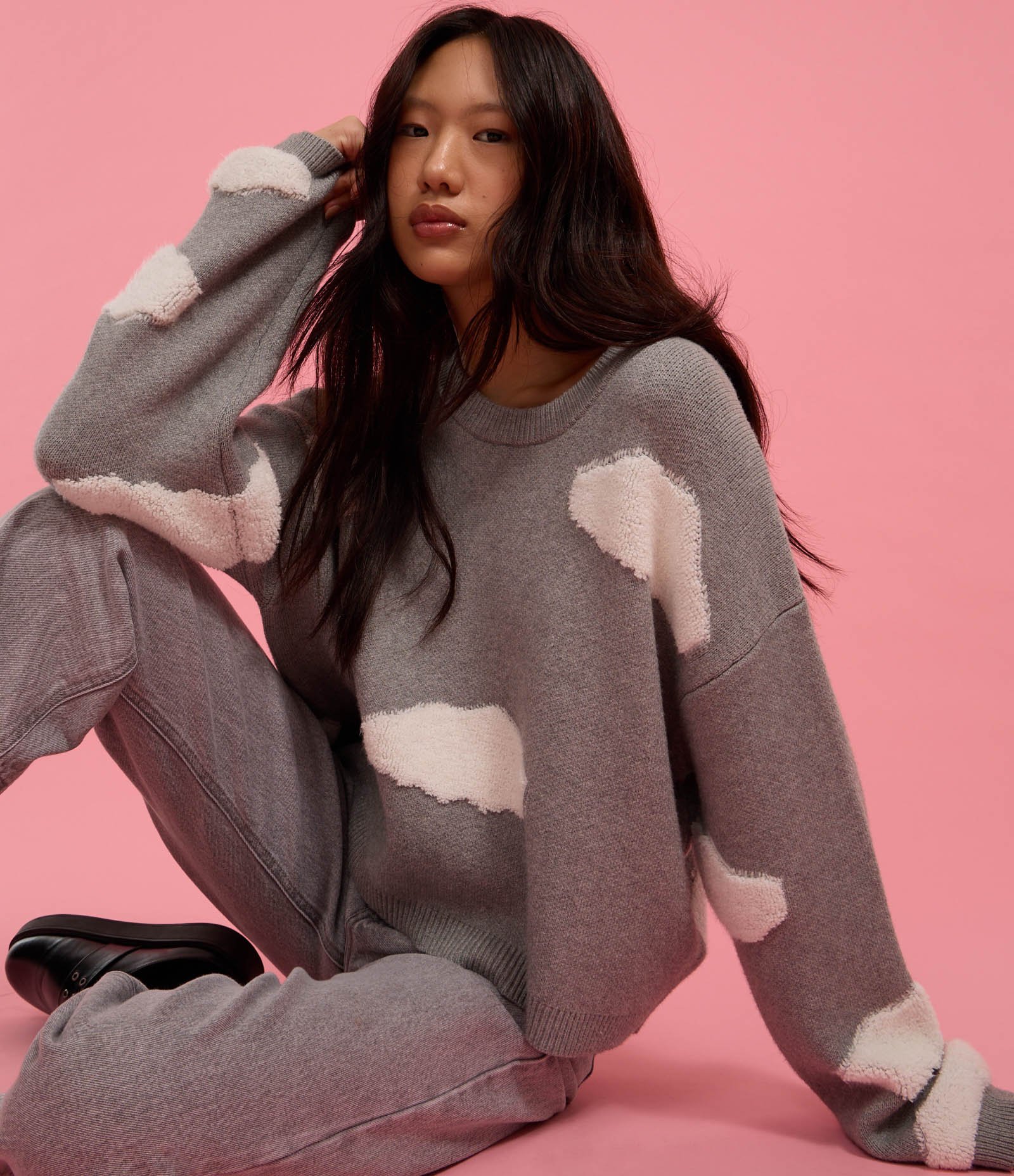 Suéter em Tricô com Estampa de Nuvens Cinza 4