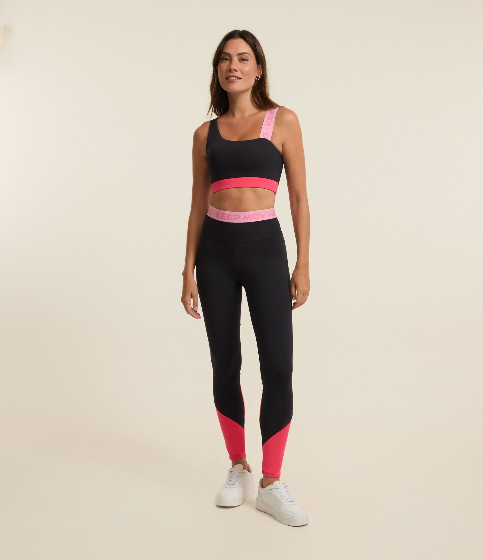 Calça Legging em Microfibra com Friso Preto/Rosa 1