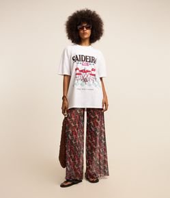 Calça Reta em Tule com Estampa Abstrata