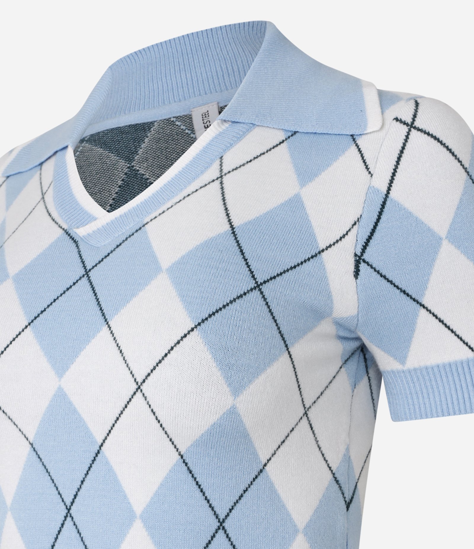 Blusa Polo em Jacquard com Estampa Geométrica Azul/ Branco 5