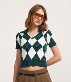 Blusa Polo em Jacquard Xadrez Argyle
