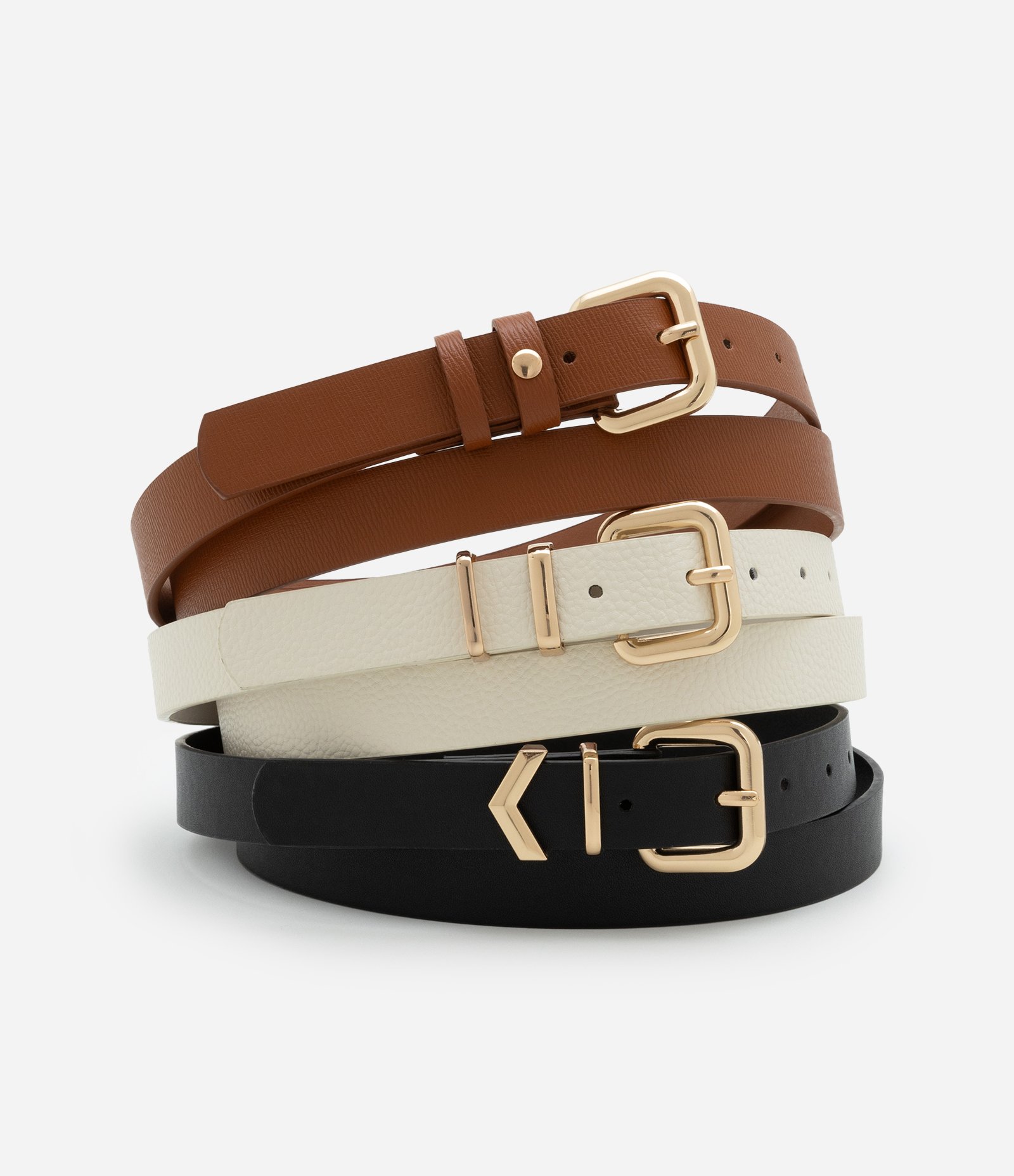 Kit 03 Cintos com Fivela Quadrada Curve & Plus Size Caramelo/Off White/Preto 1