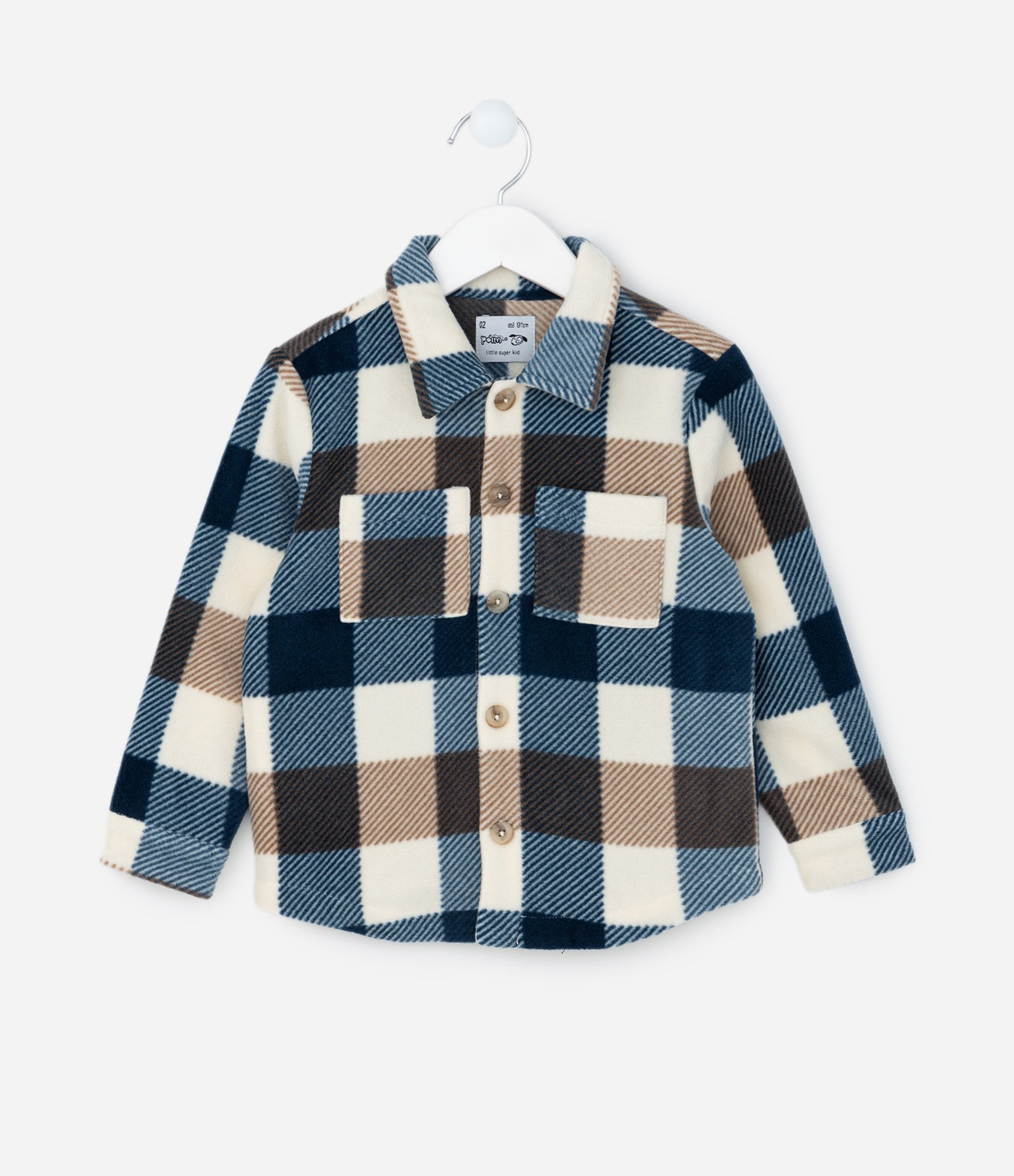 Camisa Infantil em Fleece com Estampa Xadrez e Bolsinhos - Tam 1 a 5 Anos Azul/Marrom/Bege 1