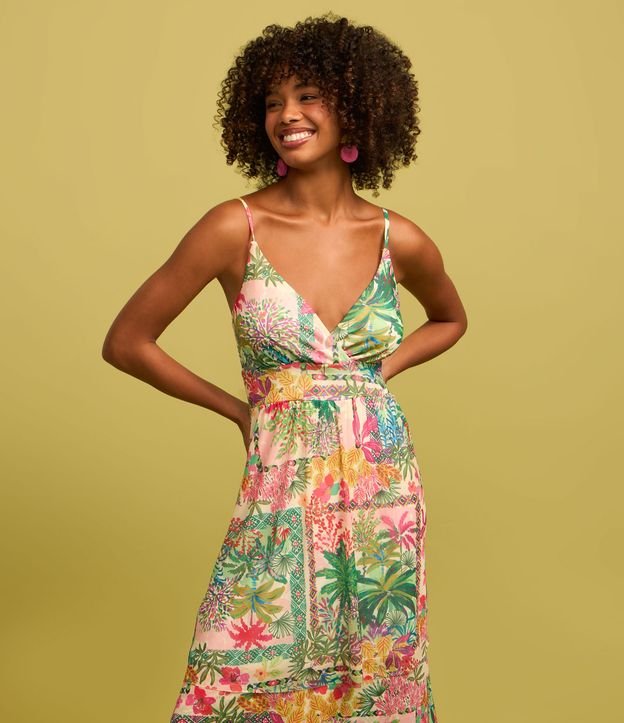 Vestido New Midi em Tule com Estampa Topical e Babados