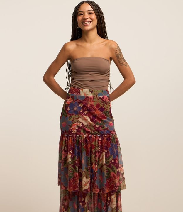 Saia Midi em Tule com Babado e Estampa Floral