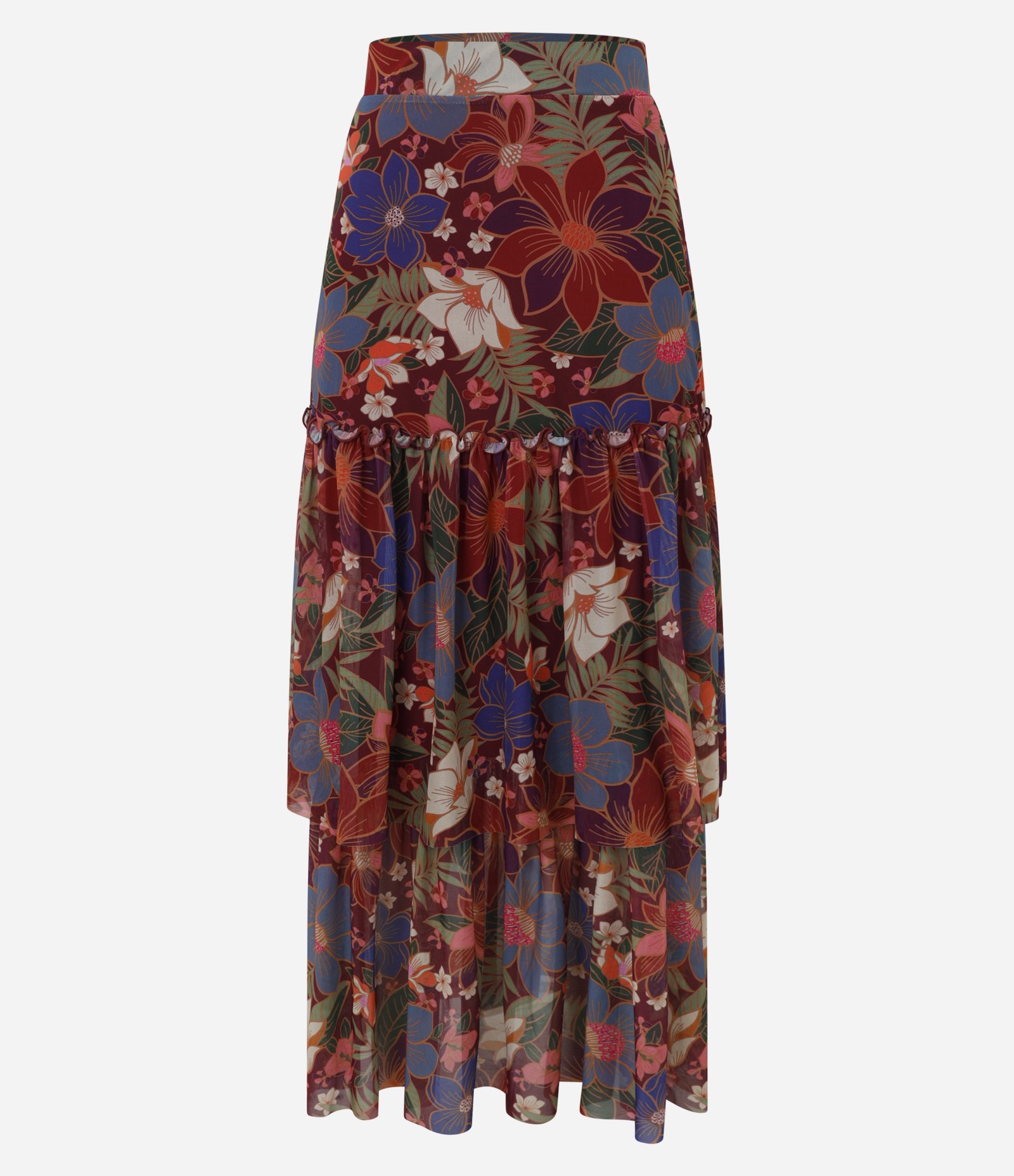 Saia Midi em Tule com Babado e Estampa Floral Vermelho 6