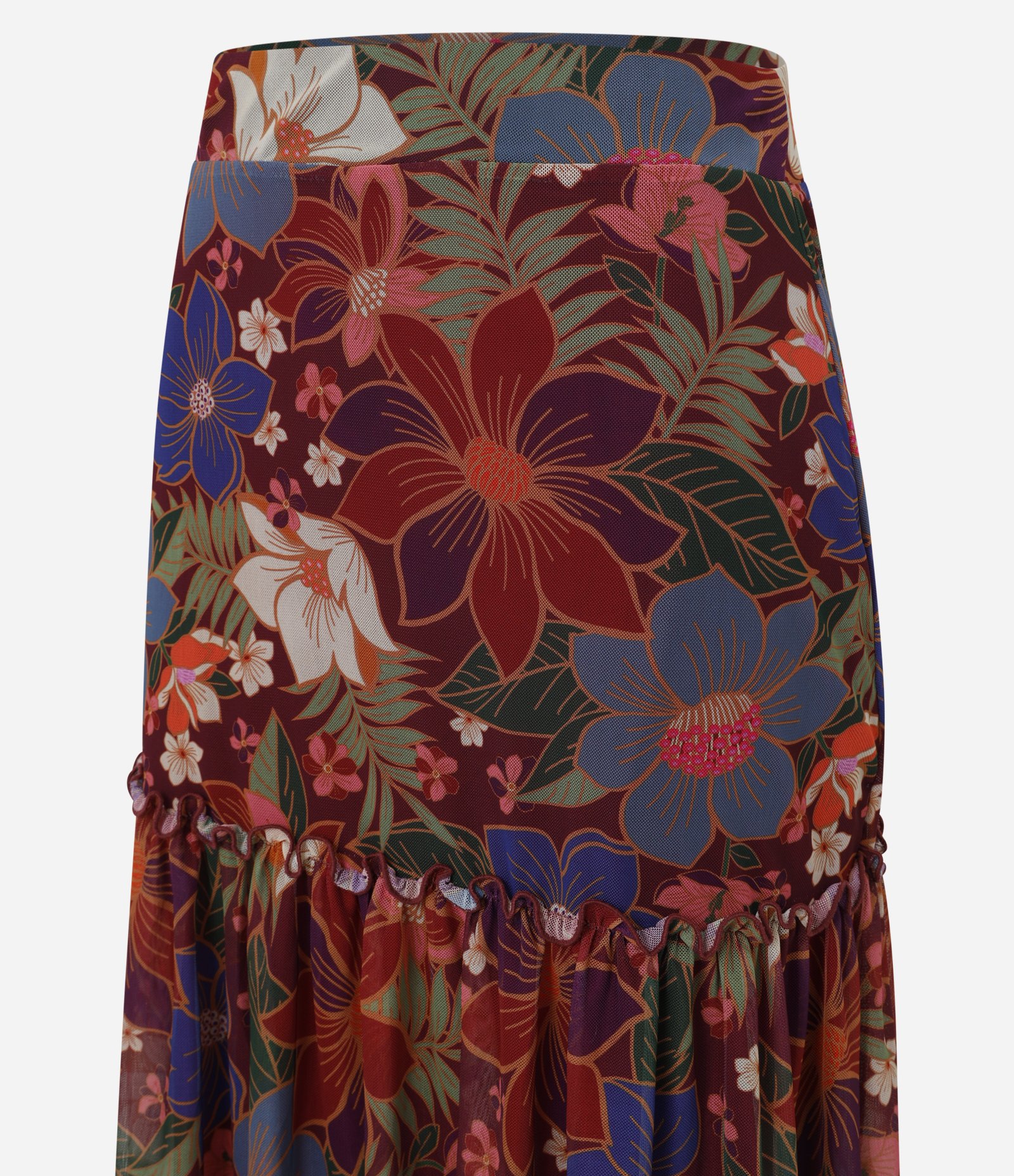 Saia Midi em Tule com Babado e Estampa Floral Vermelho 7