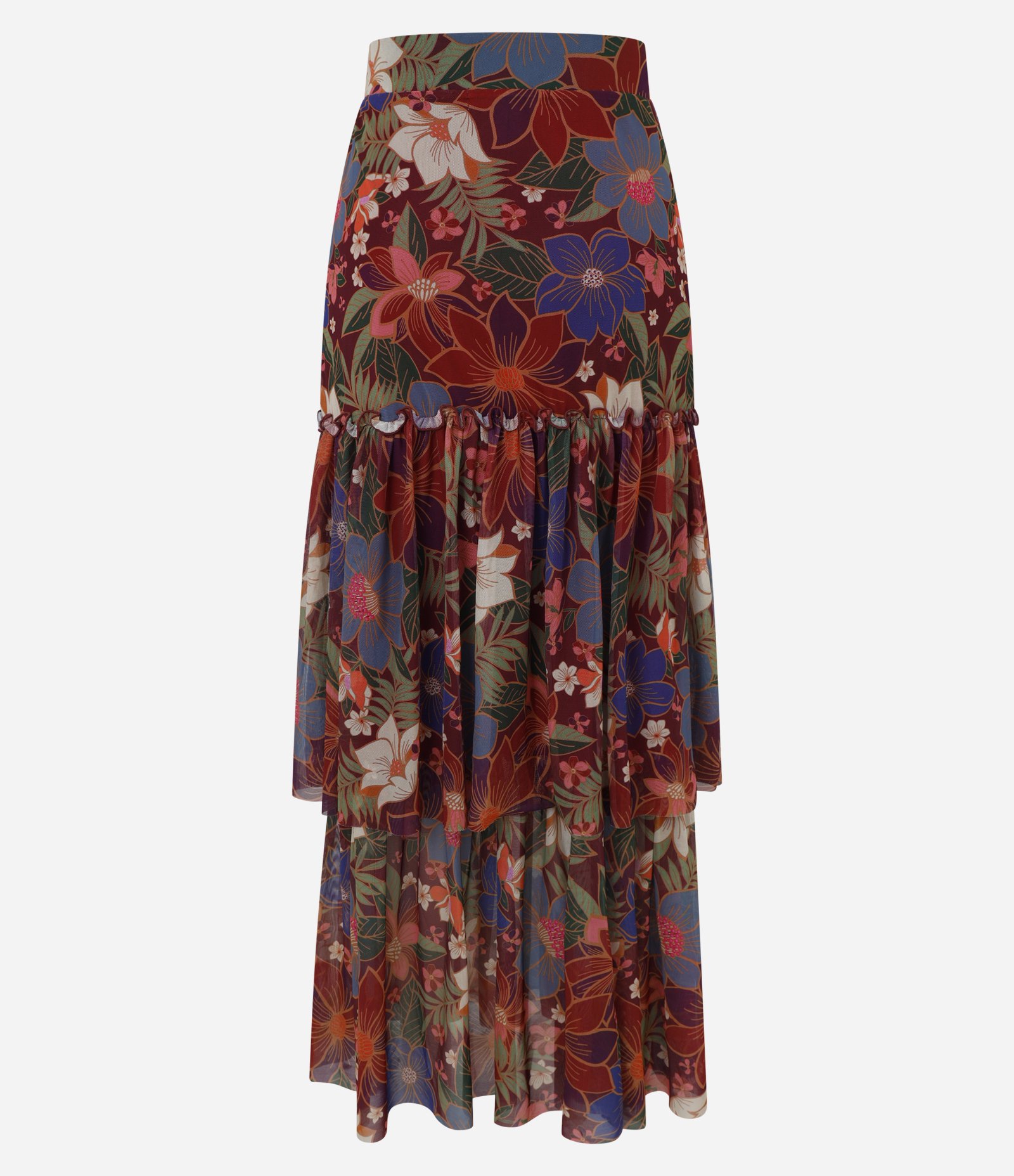 Saia Midi em Tule com Babado e Estampa Floral Vermelho 8