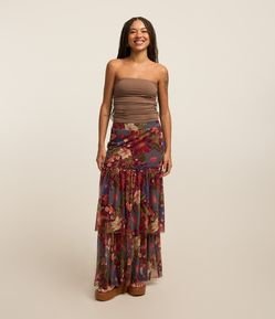 Saia Midi em Tule com Babado e Estampa Floral