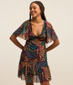 Vestido Curto em Tule com Estampa de Frutinhas