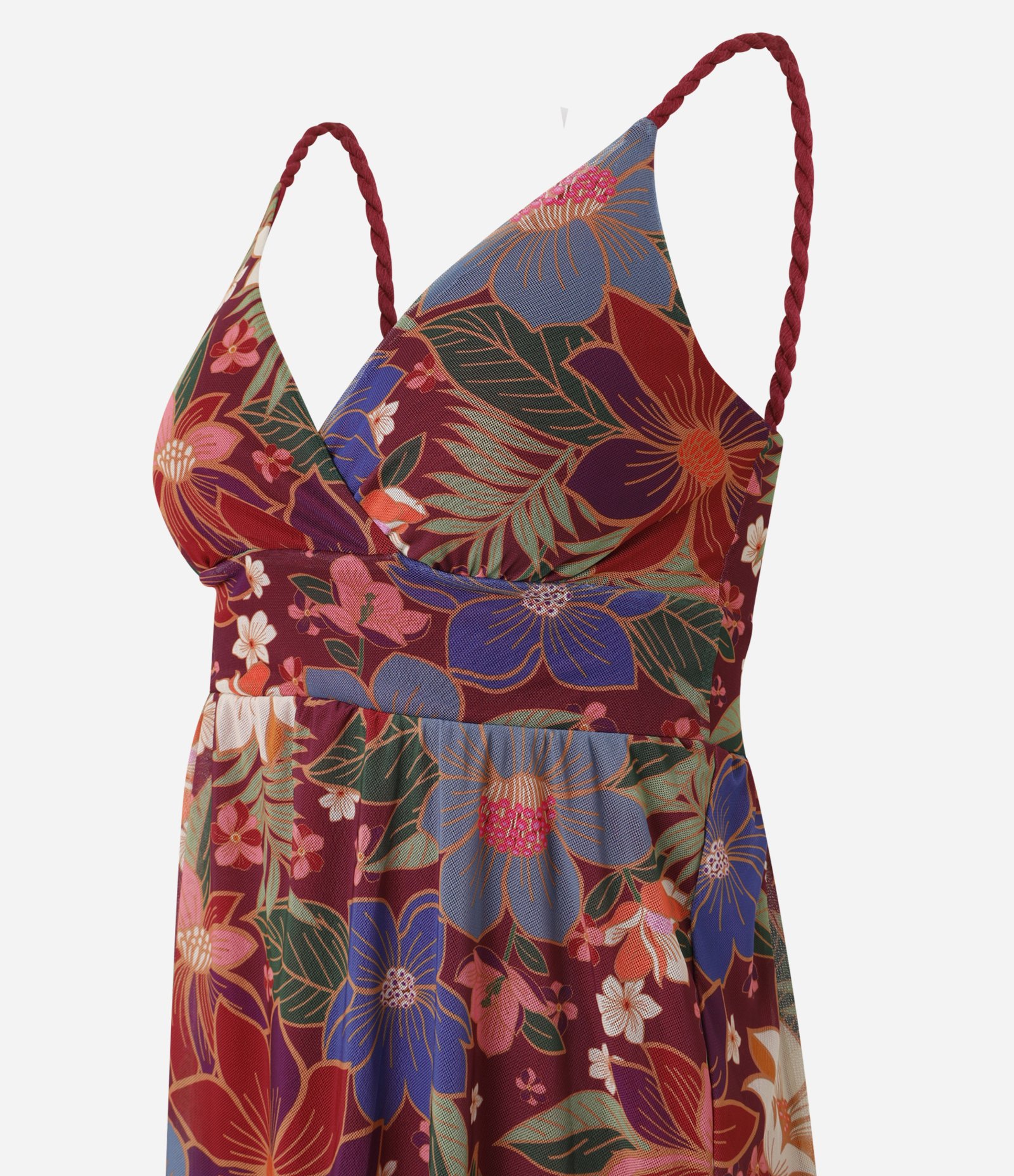 Vestido Midi em Tule com Estampa Floral e Alça de Corda Vermelho 7