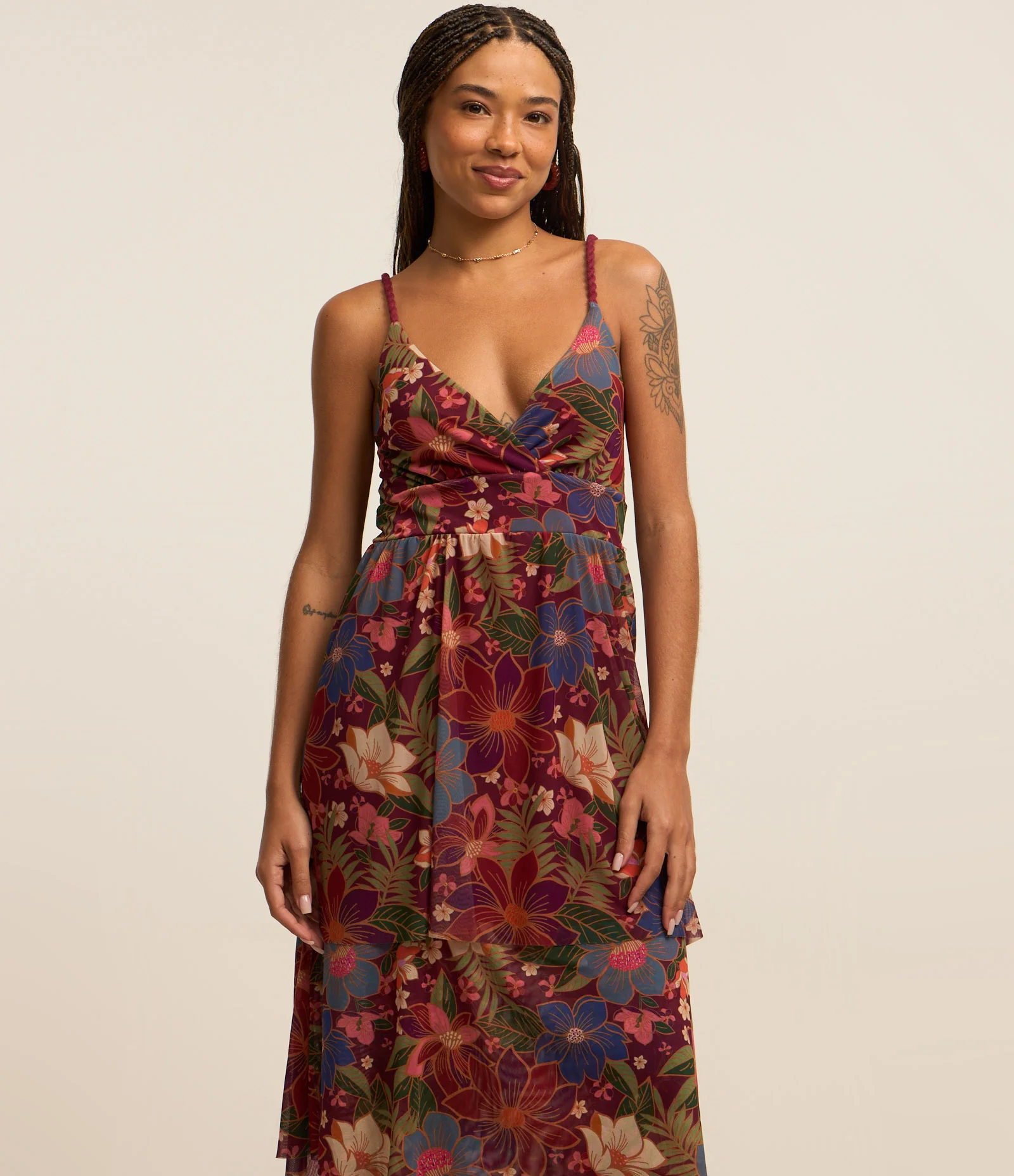 Vestido Midi em Tule com Estampa Floral e Alça de Corda Vermelho 2