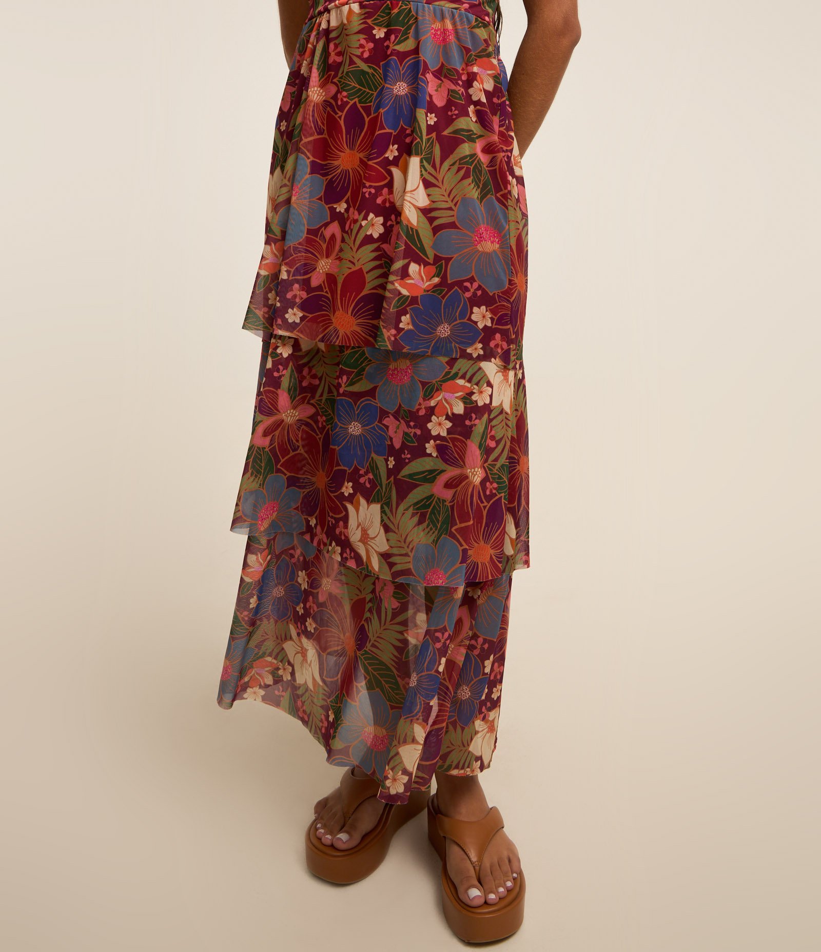 Vestido Midi em Tule com Estampa Floral e Alça de Corda Vermelho 5