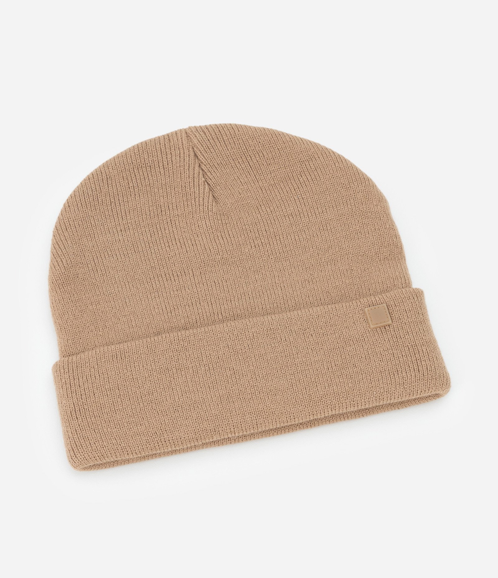 Touca em Tricô com Borda Dobradinha e Etiqueta Aplicada Bege 1