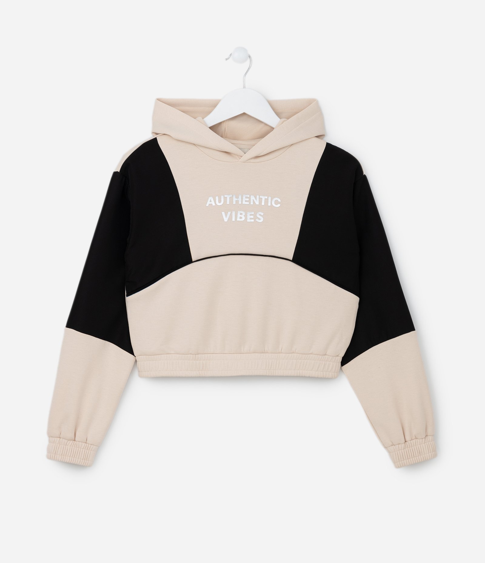 Casaco Infantil em Fleece com Recortes e Capuz - Tam 5 a 14 Anos Bege/Preto 1