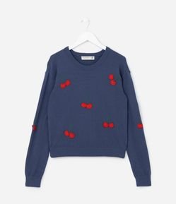 Suéter Infantil em Tricô com Bordado Cerejinhas - Tam 5 a 14 Anos