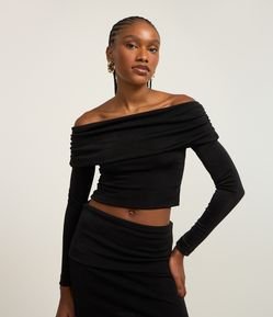 Blusa Curta Metalizada com Pala Larga Ombro a Ombro