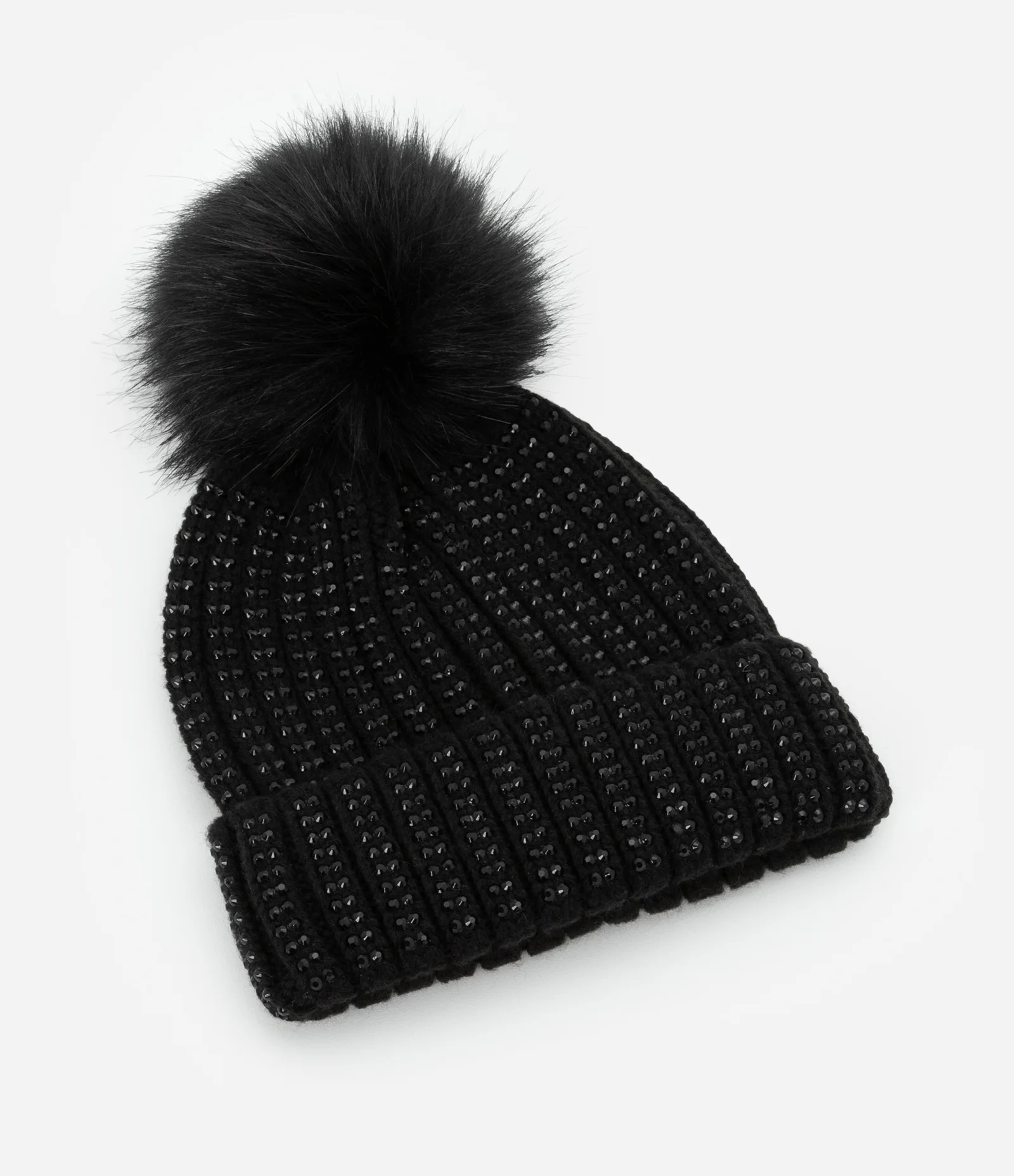 Touca em Tricô com Brilhos e Pompom Preto 1