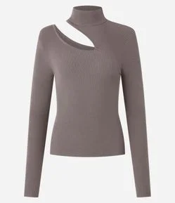 Blusa Canelada em Tricô com Vazado no Ombro