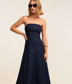 Vestido Evasê New Midi em Jeans Tomara Que Caia