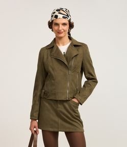 Jaqueta Biker em Suede com Bolsos e Zíper