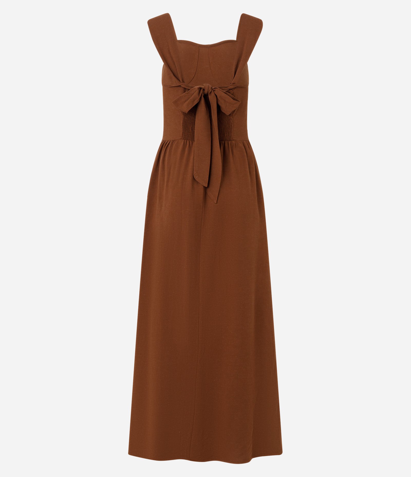 Vestido Evasê Midi em Viscose e Linho com Laço nas Costas Marrom 8