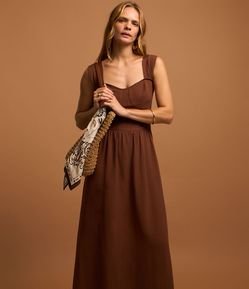 Vestido Evasê Midi em Viscose e Linho com Laço nas Costas