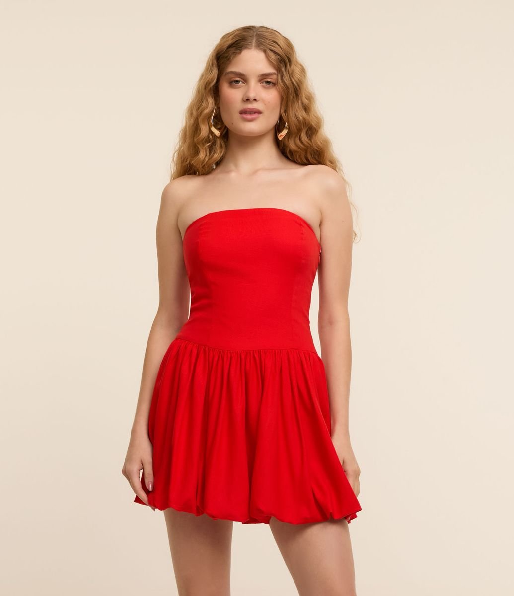 Vestido Balonê Curto em Viscolinho com Decote Tomara que Caia Vermelho